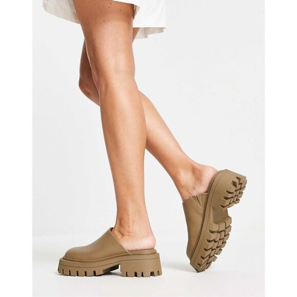 ASOS Design Women’s Marvin Chunky Flat Mules in Khaki Tan - Picture 8 of 10